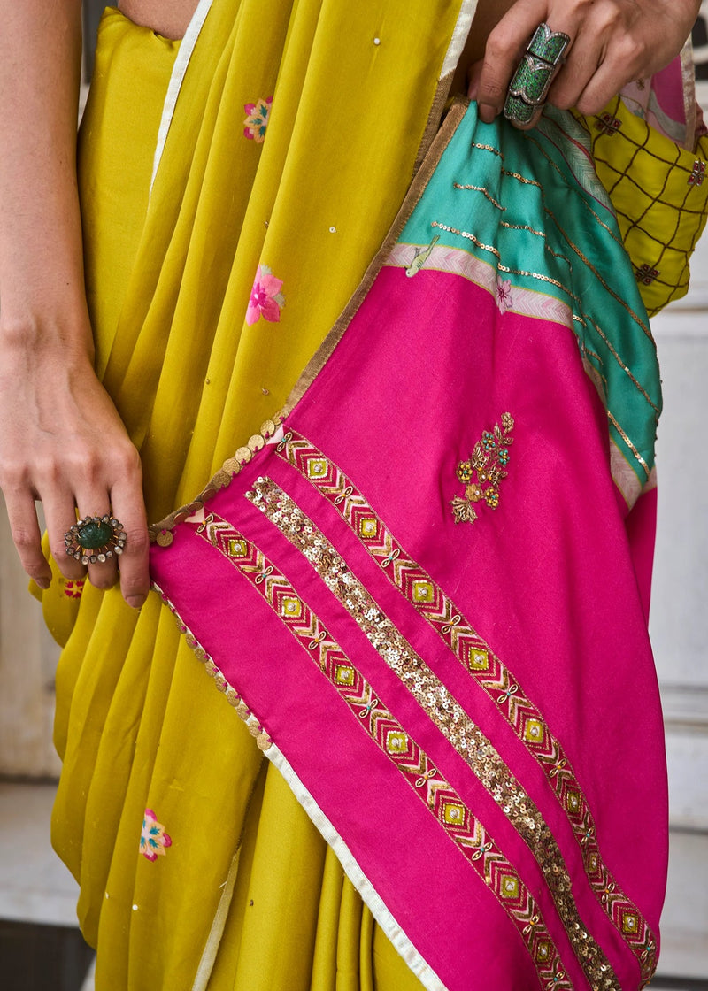 Retro Raani Multicolor Embroidered Saree Set satin crepe saree by Rajiramniq in ivory for women in Singapore