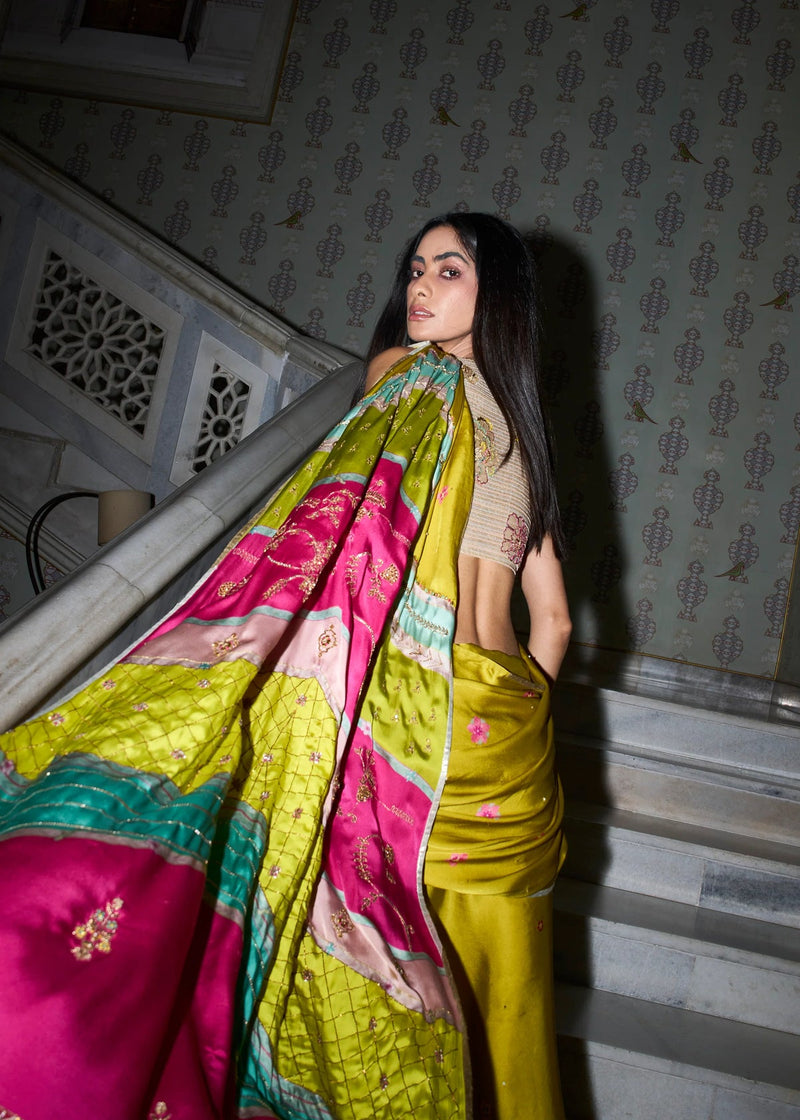 Retro Raani Multicolor Embroidered Saree Set satin crepe saree by Rajiramniq in ivory for women in Singapore