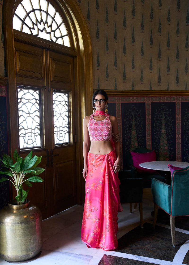 Retro Raani Candy pearl Blouse Saree Set silk, satin crepe saree by Rajiramniq in pink for women in Singapore