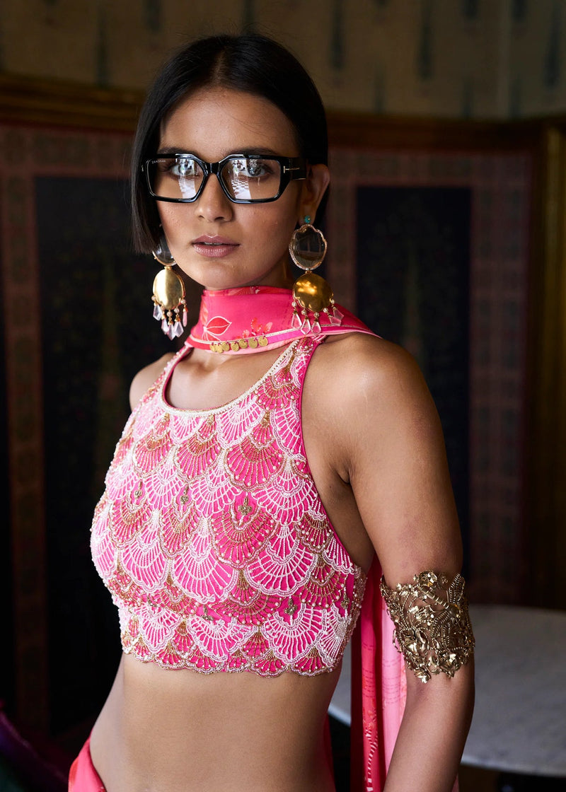Retro Raani Candy pearl Blouse Saree Set silk, satin crepe saree by Rajiramniq in pink for women in Singapore