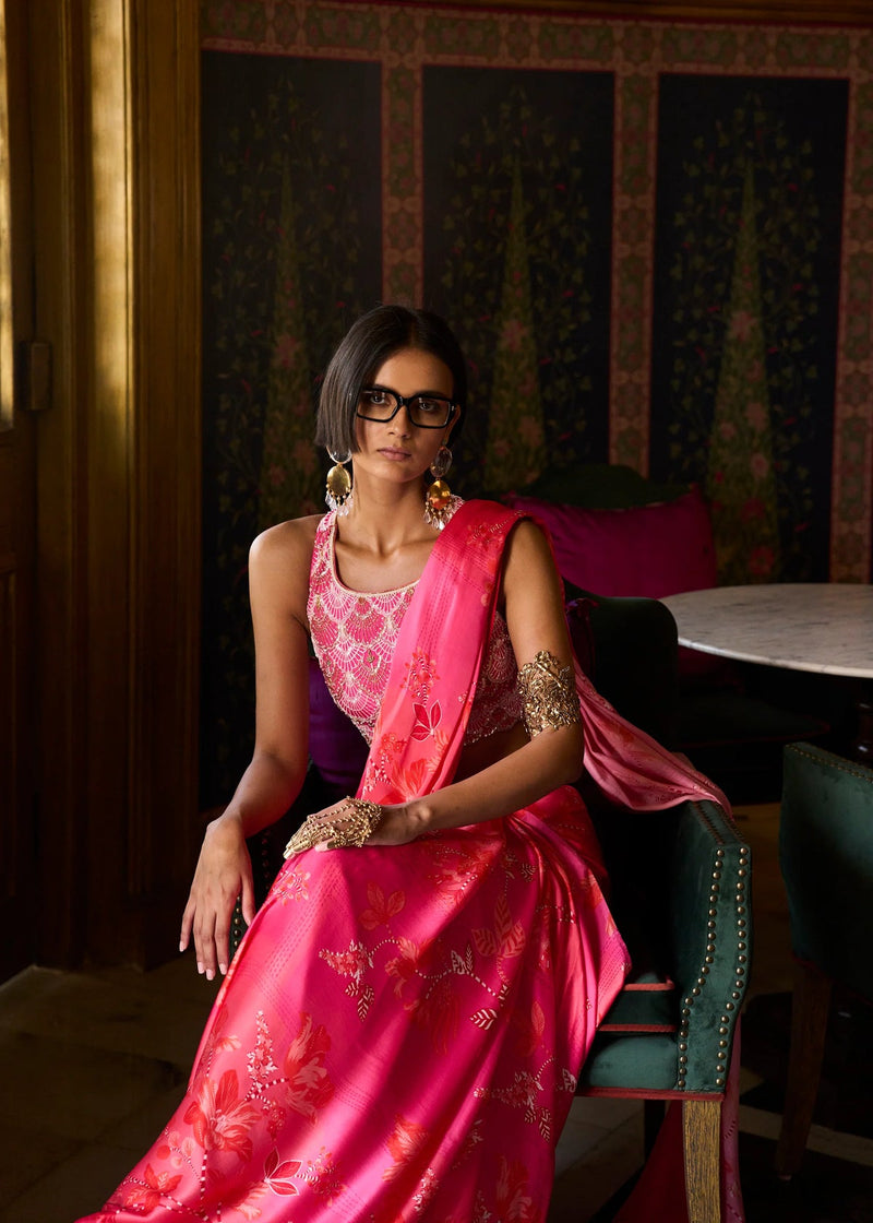 Retro Raani Candy pearl Blouse Saree Set silk, satin crepe saree by Rajiramniq in pink for women in Singapore