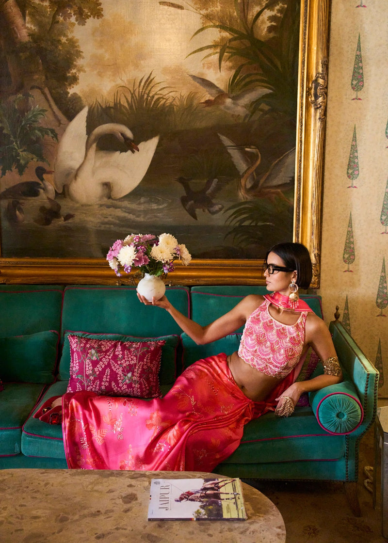 Retro Raani Candy pearl Blouse Saree Set silk, satin crepe saree by Rajiramniq in pink for women in Singapore