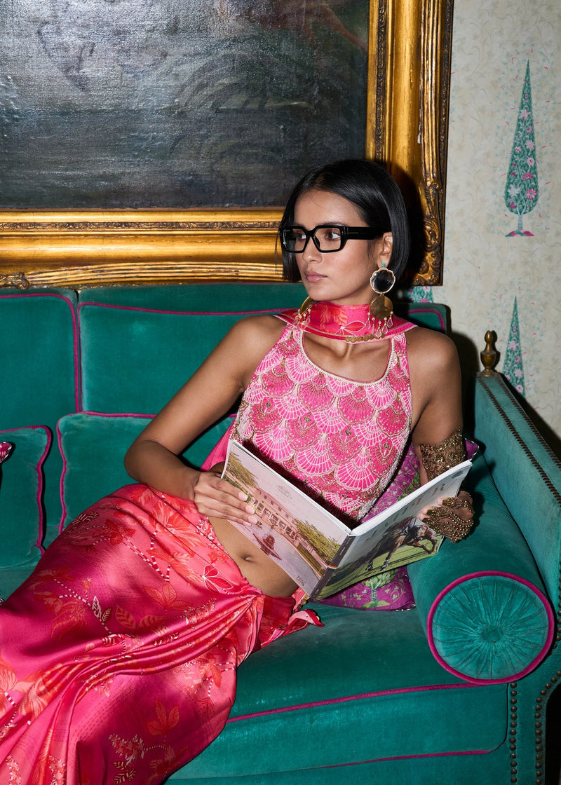 Retro Raani Candy pearl Blouse Saree Set silk, satin crepe saree by Rajiramniq in pink for women in Singapore