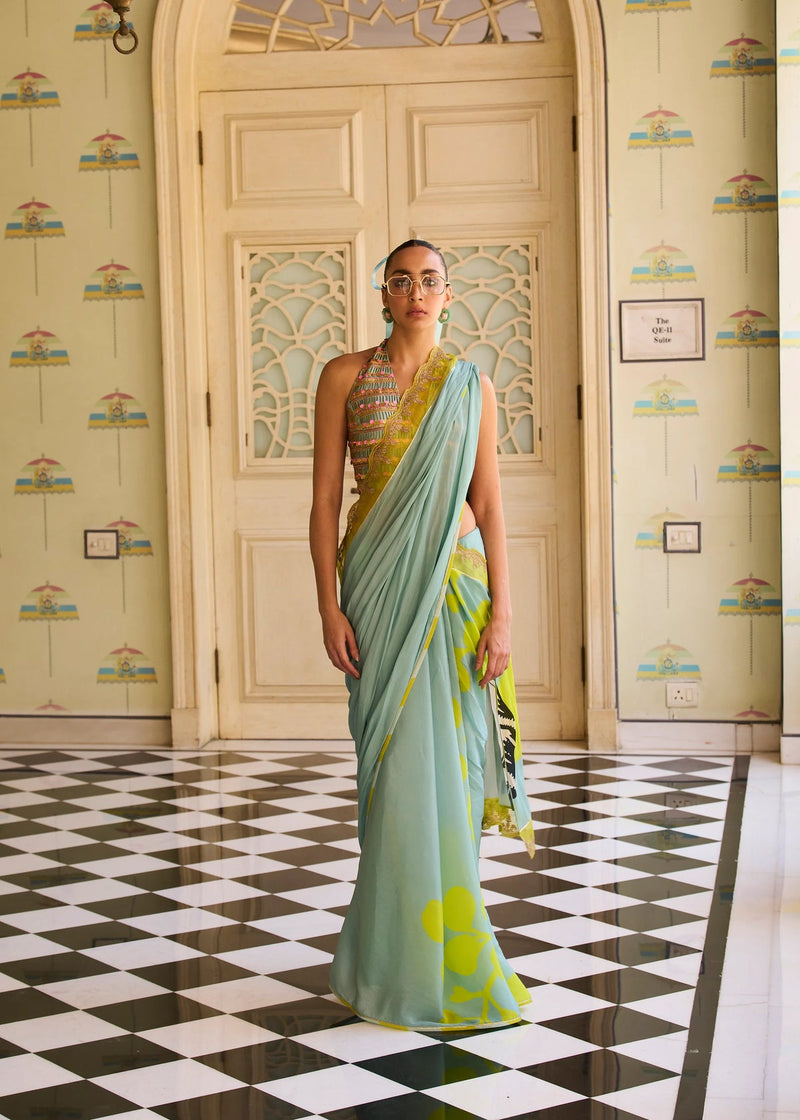 Retro Raani Powder Blue Metal Tassel Blouse Saree Set silk, crepe saree by Rajiramniq in blue for women in Singapore