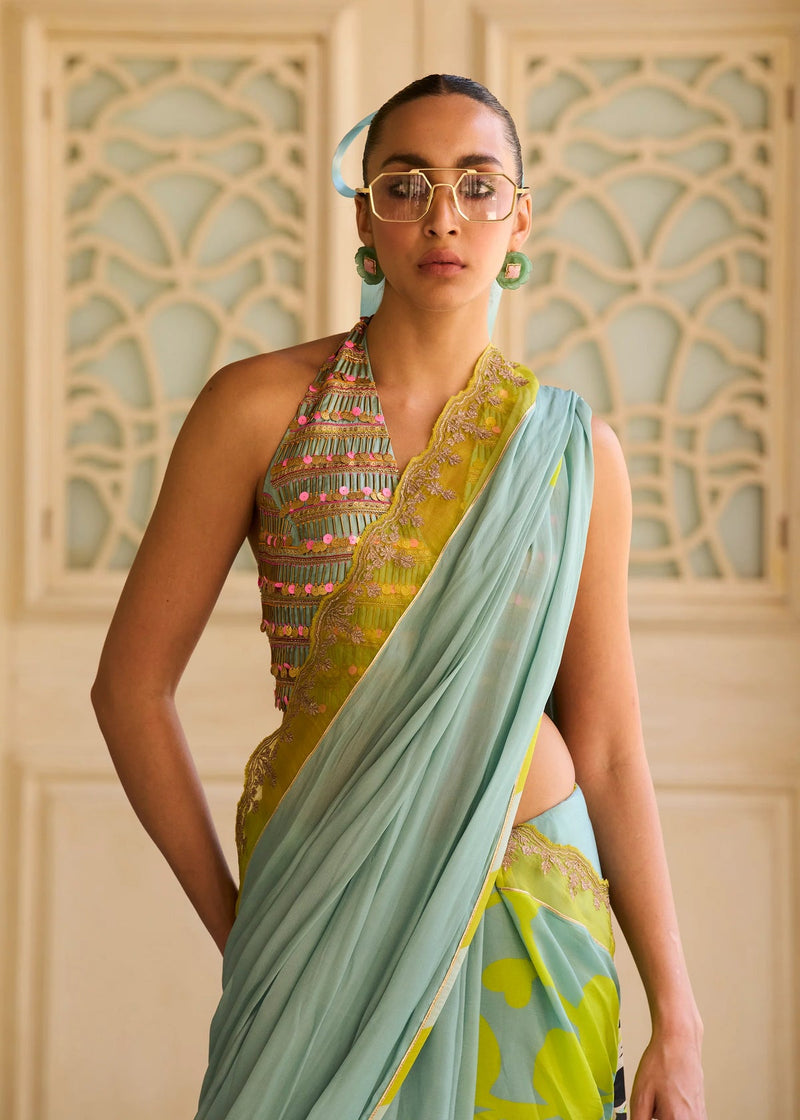 Retro Raani Powder Blue Metal Tassel Blouse Saree Set silk, crepe saree by Rajiramniq in blue for women in Singapore