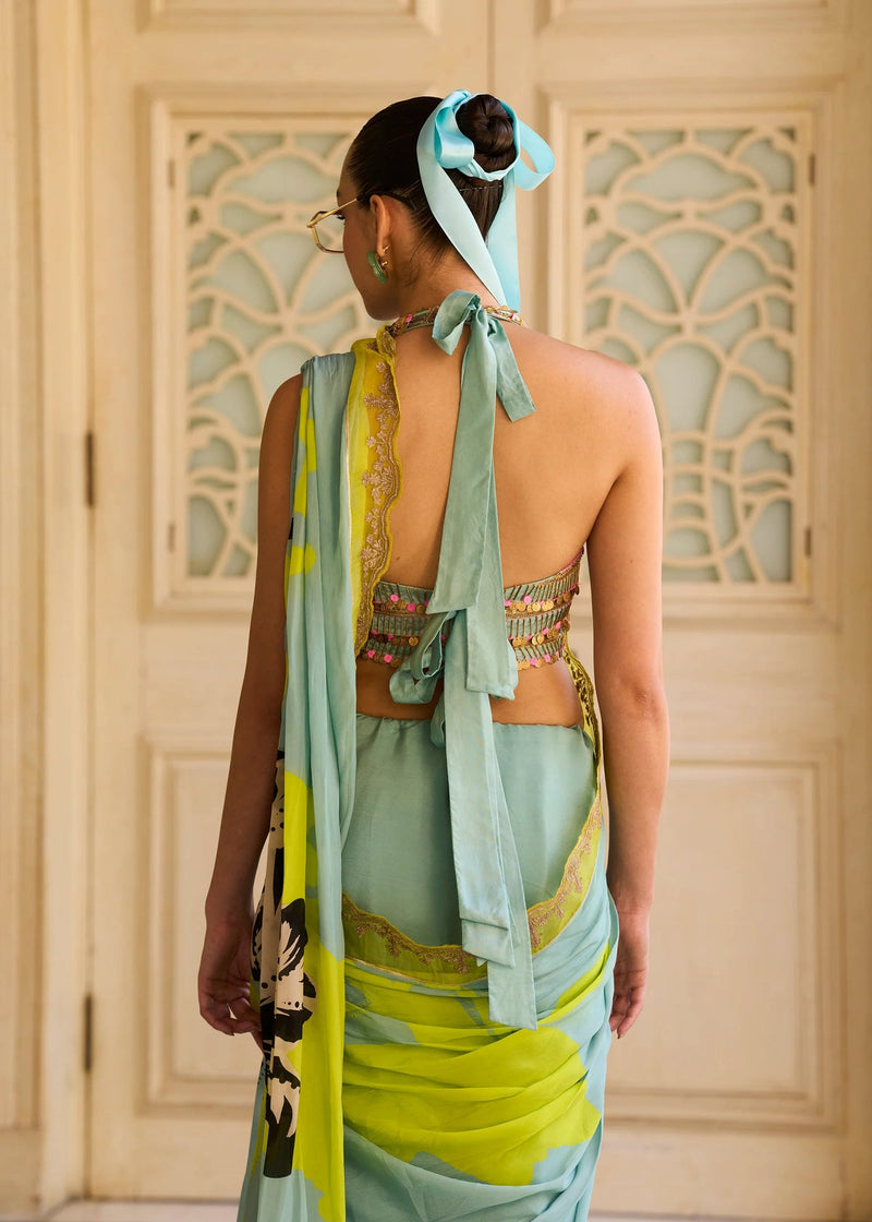 Retro Raani Powder Blue Metal Tassel Blouse Saree Set silk, crepe saree by Rajiramniq in blue for women in Singapore