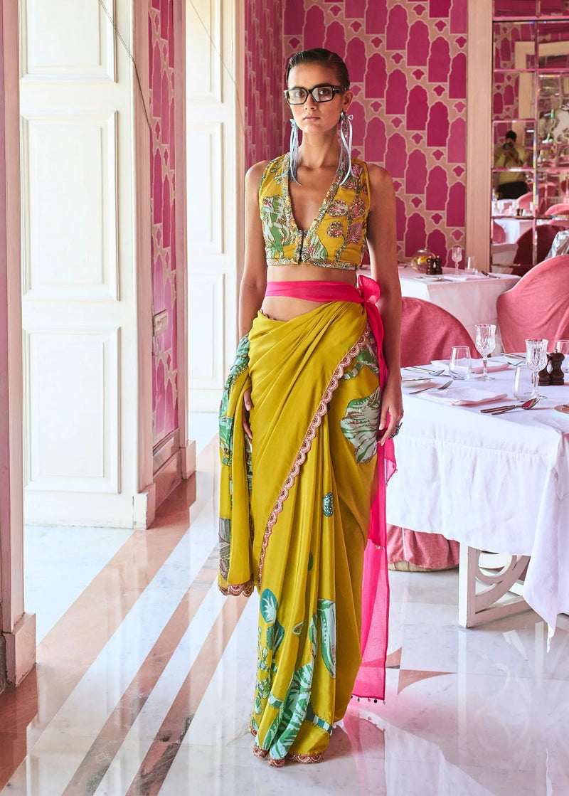 Retro Raani Yellow Sage Embroidered Saree Set crepe saree by Rajiramniq in lime yellow for women in Singapore