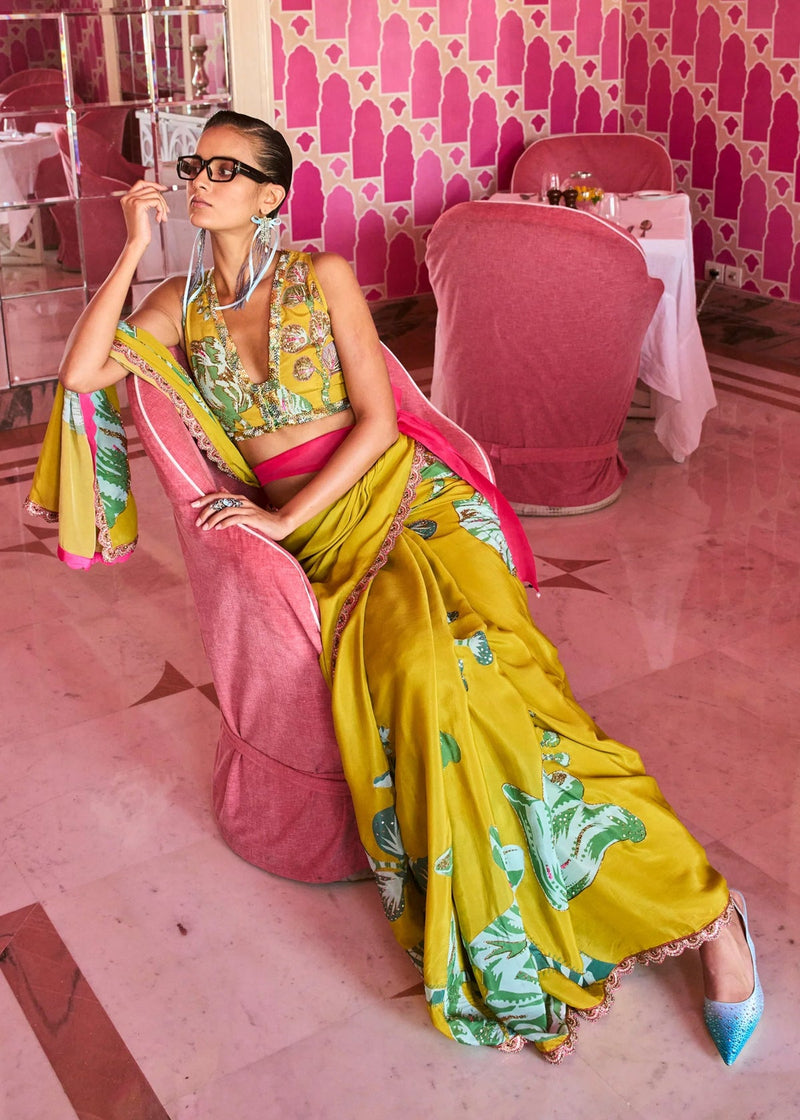 Retro Raani Yellow Sage Embroidered Saree Set crepe saree by Rajiramniq in lime yellow for women in Singapore