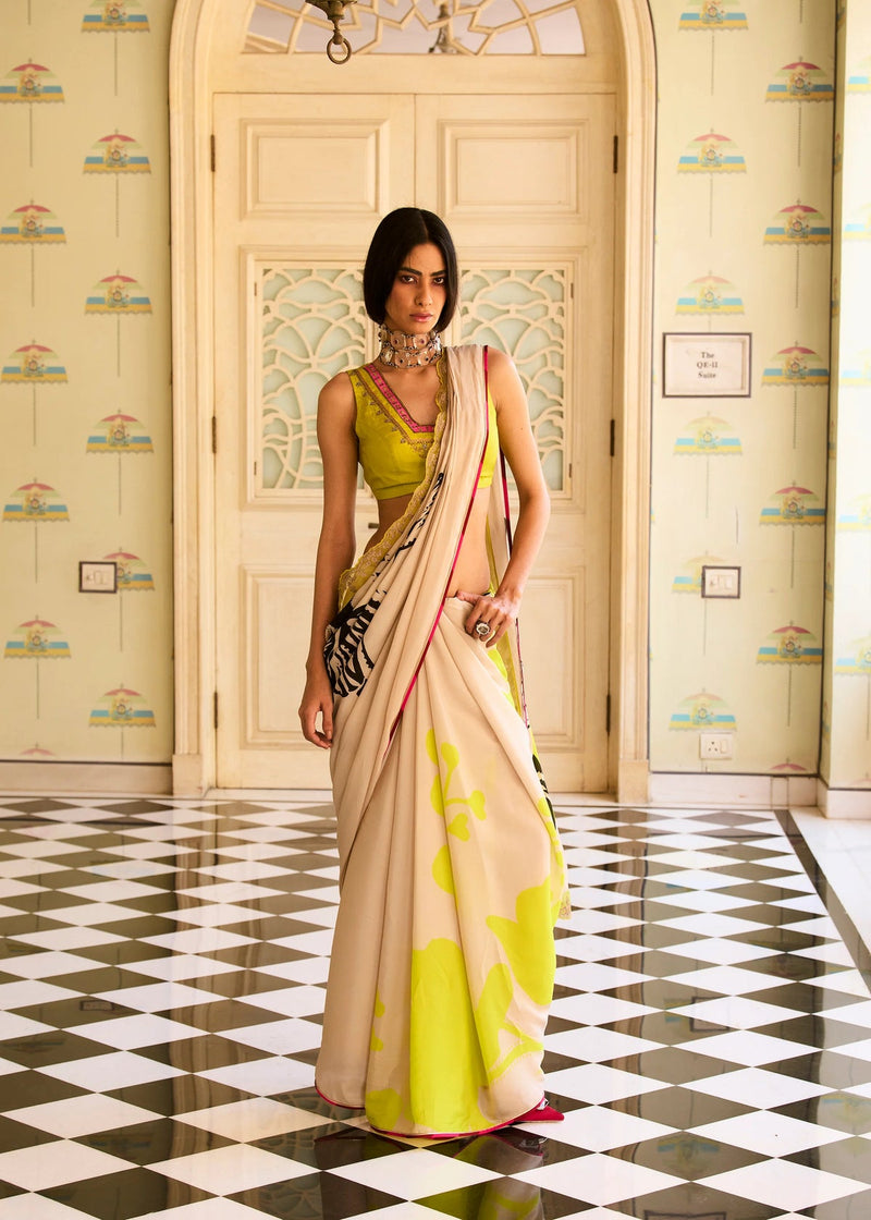 Retro Raani Beige Floral Printed Saree Set silk, crepe saree by Rajiramniq in beige for women in Singapore