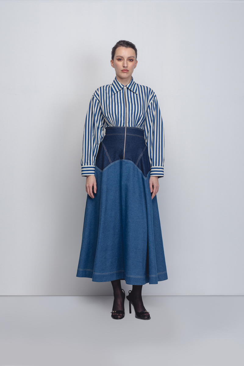 Rini Dress - Denim Blue + Blue / White Stripe cotton Buy Rini Dress - Denim Blue + Blue / White Stripe from C&W | Dresses for Women by Leh Studios in blue color for women in Singapore