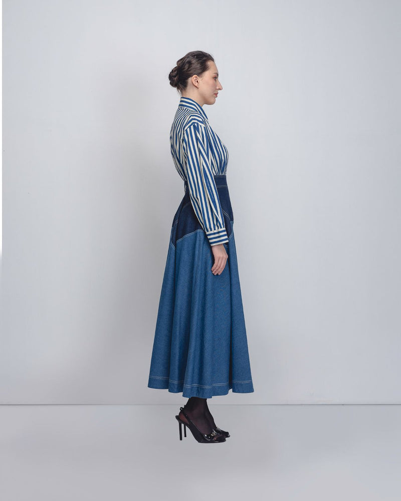 Rini Dress - Denim Blue + Blue / White Stripe cotton Buy Rini Dress - Denim Blue + Blue / White Stripe from C&W | Dresses for Women by Leh Studios in blue color for women in Singapore
