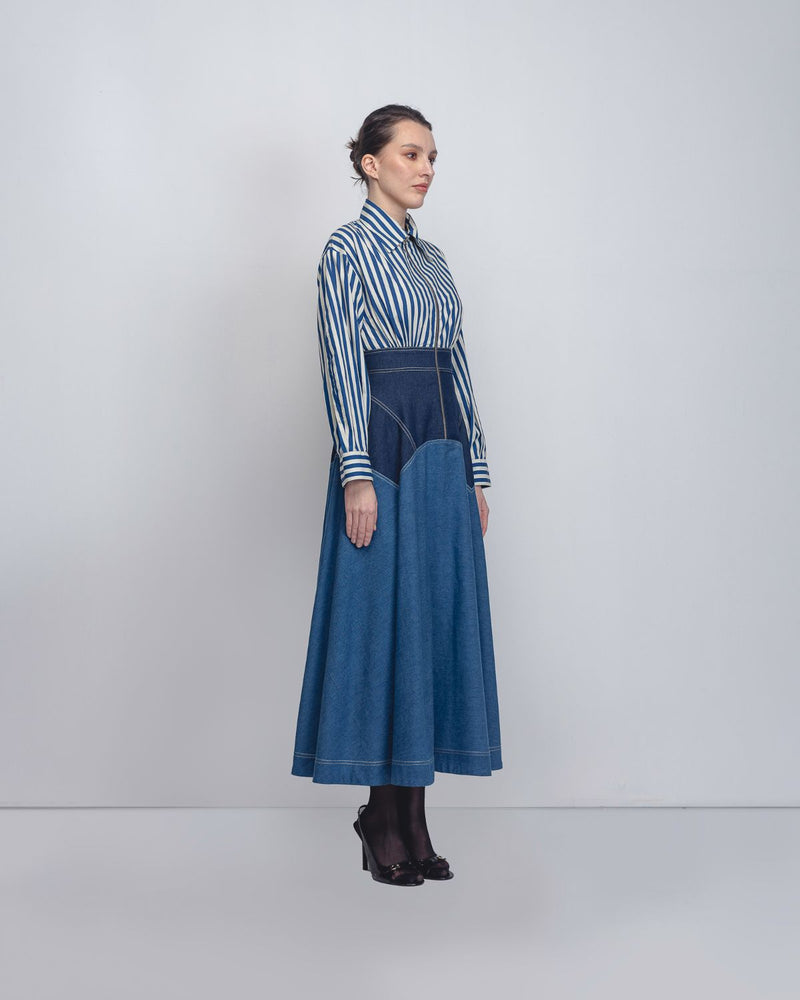 Rini Dress - Denim Blue + Blue / White Stripe cotton Buy Rini Dress - Denim Blue + Blue / White Stripe from C&W | Dresses for Women by Leh Studios in blue color for women in Singapore