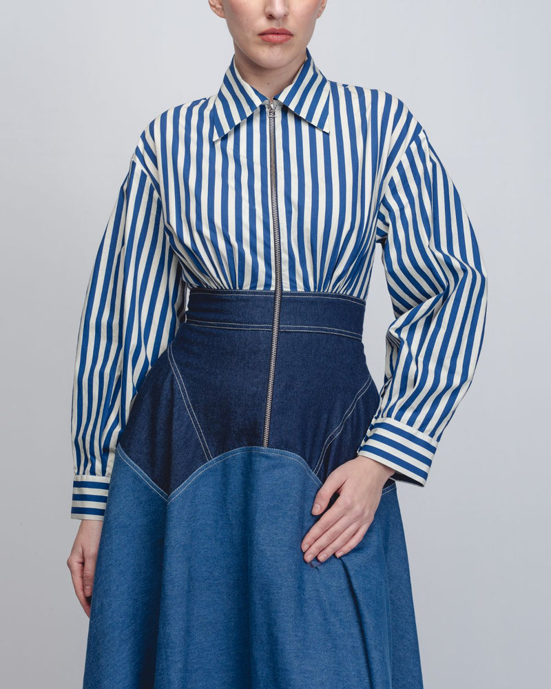 Rini Dress - Denim Blue + Blue / White Stripe cotton Buy Rini Dress - Denim Blue + Blue / White Stripe from C&W | Dresses for Women by Leh Studios in blue color for women in Singapore