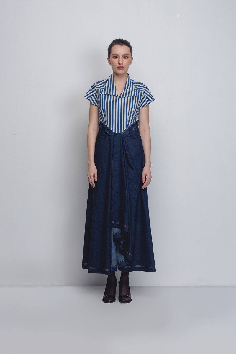 Roma Dress - Blue + White Stripes / Denim Blue cotton Buy Roma Dress - Blue + White Stripes / Denim Blue from C&W | Dresses for Women by Leh Studios in white color for women in Singapore
