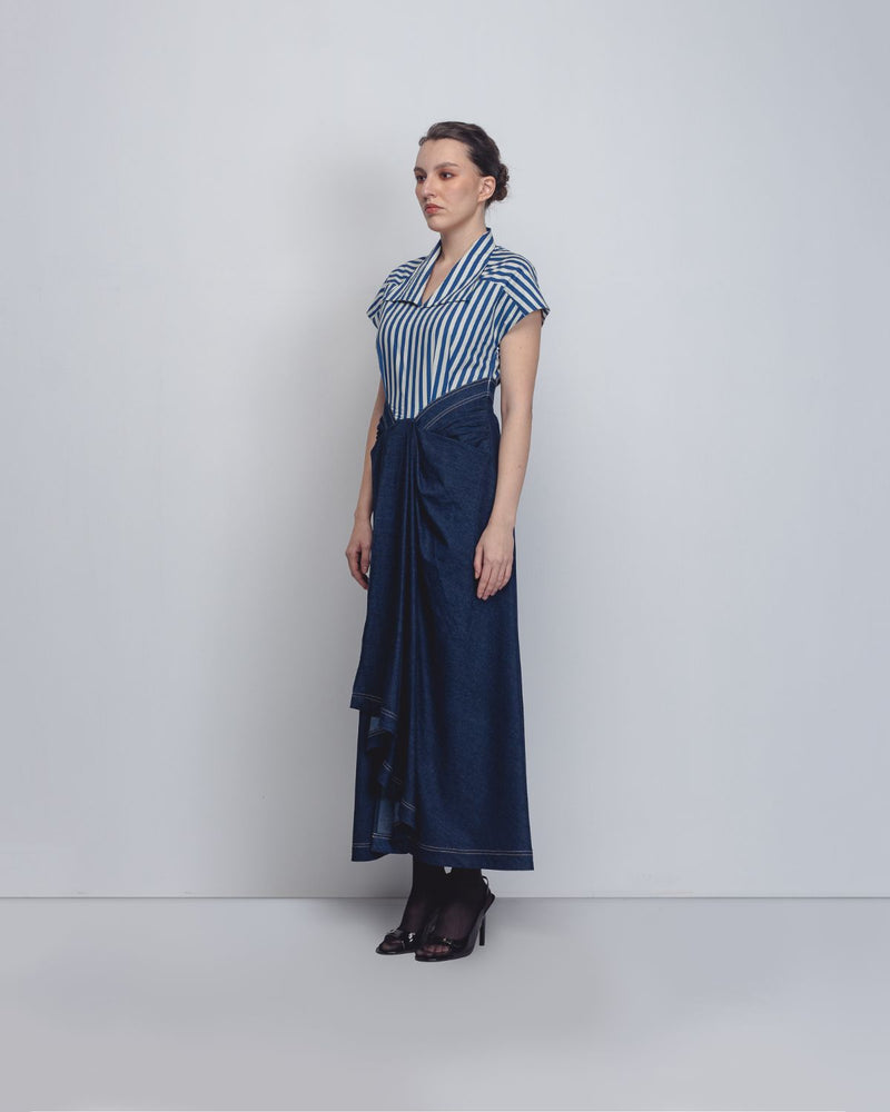 Roma Dress - Blue + White Stripes / Denim Blue cotton Buy Roma Dress - Blue + White Stripes / Denim Blue from C&W | Dresses for Women by Leh Studios in white color for women in Singapore