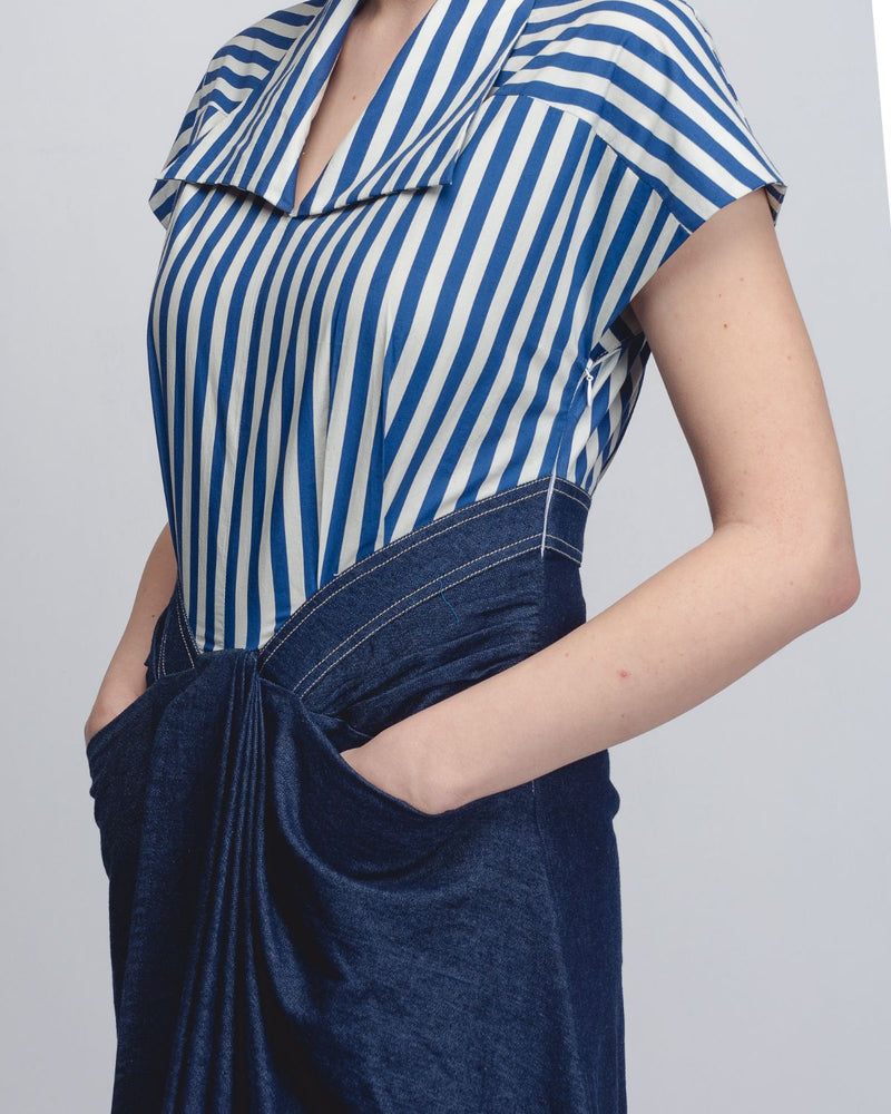 Roma Dress - Blue + White Stripes / Denim Blue cotton Buy Roma Dress - Blue + White Stripes / Denim Blue from C&W | Dresses for Women by Leh Studios in white color for women in Singapore