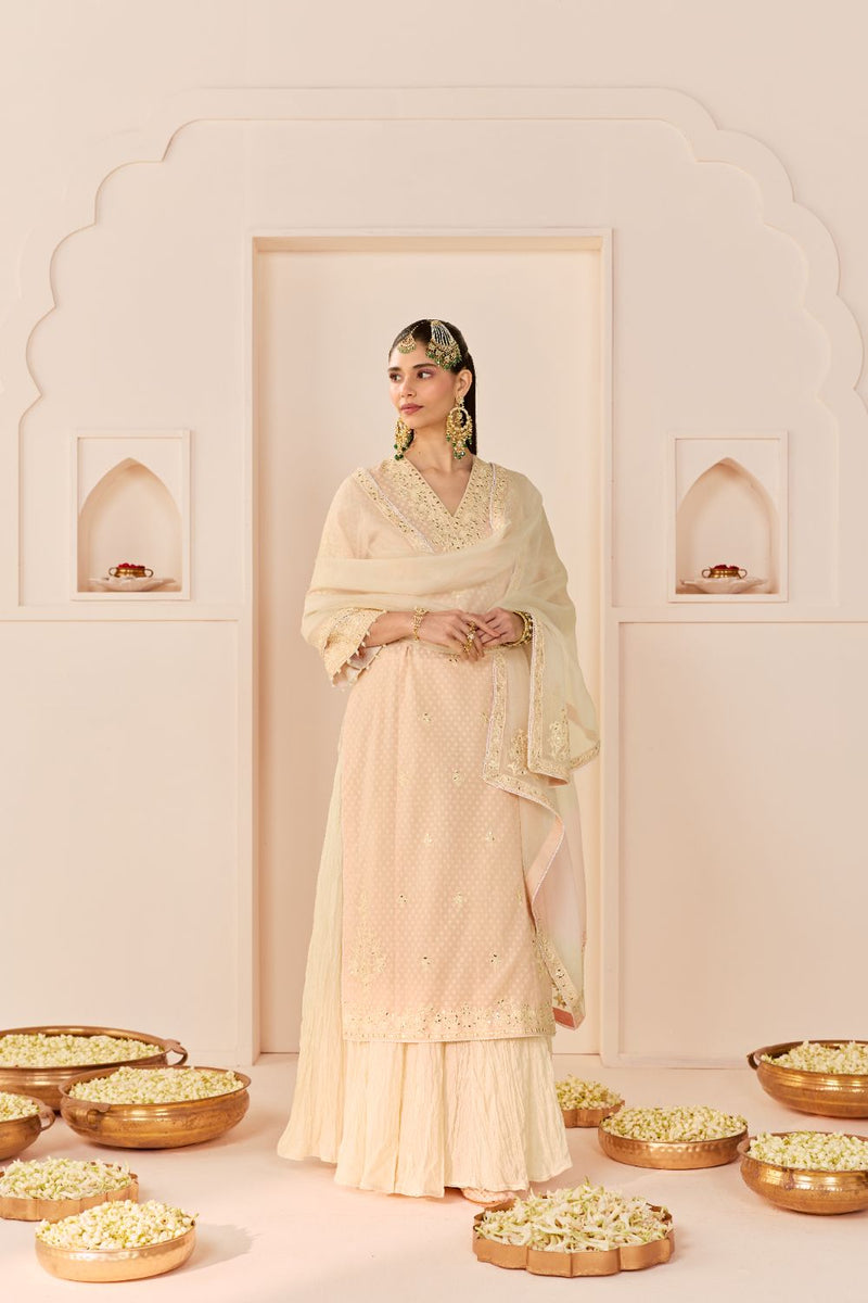 RUHANI - CARNATION PINK LONG KURTA WITH SKIRT AND DUPATTA chanderi silk kurta/kurta set by SHEETAL BATRA in carnation pink with daisy ivory for women in Singapore