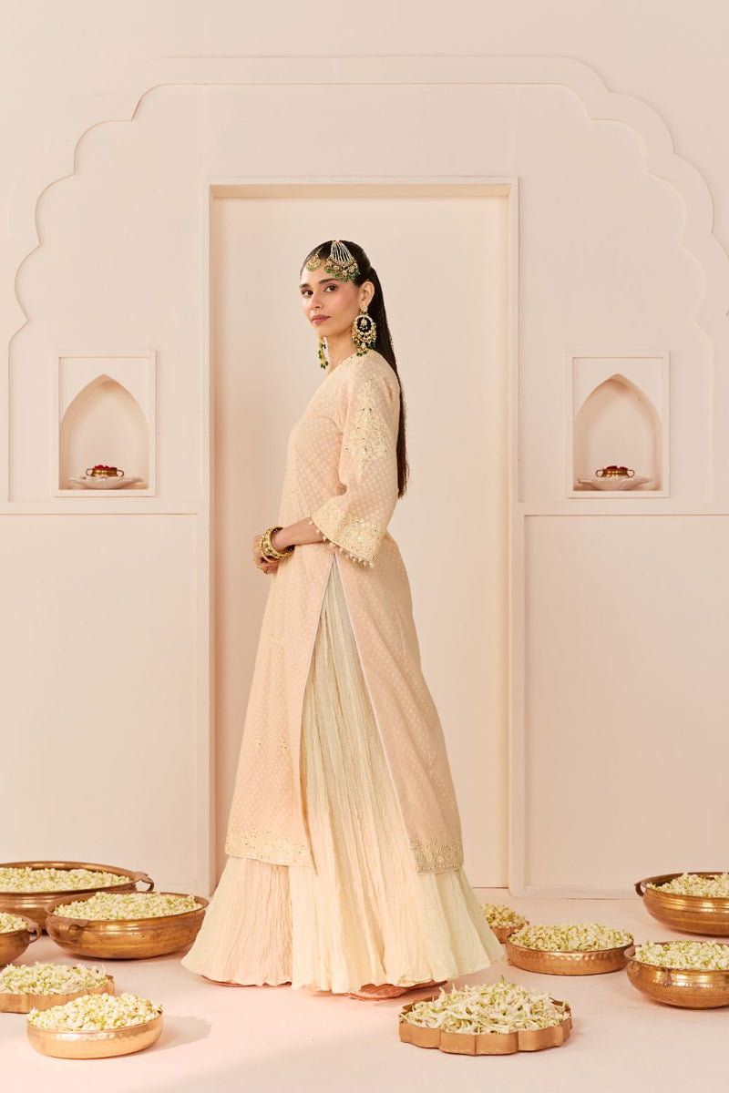 RUHANI - CARNATION PINK LONG KURTA WITH SKIRT AND DUPATTA chanderi silk kurta/kurta set by SHEETAL BATRA in carnation pink with daisy ivory for women in Singapore