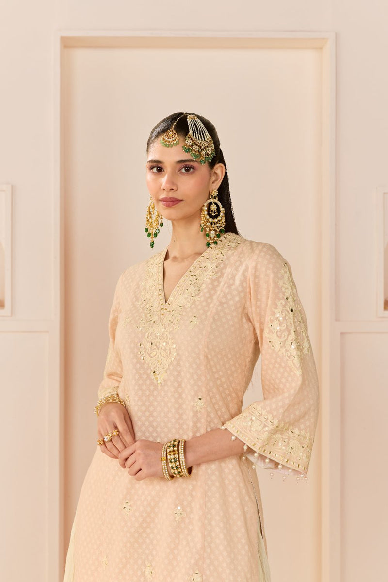 RUHANI - CARNATION PINK LONG KURTA WITH SKIRT AND DUPATTA chanderi silk kurta/kurta set by SHEETAL BATRA in carnation pink with daisy ivory for women in Singapore