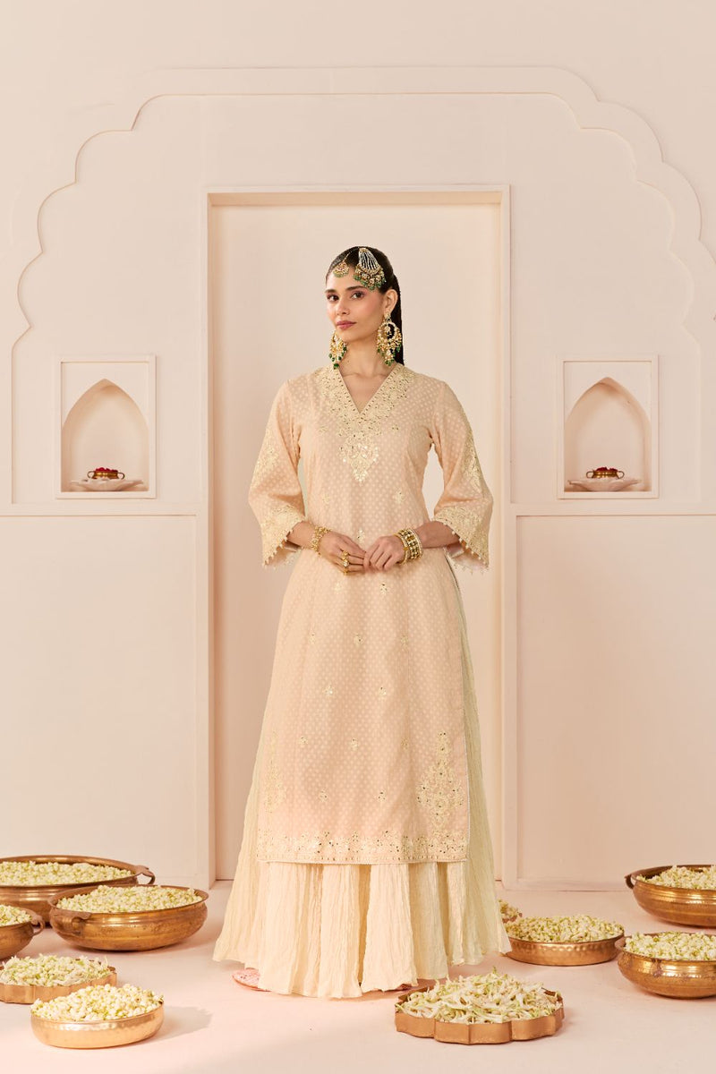 RUHANI - CARNATION PINK LONG KURTA WITH SKIRT AND DUPATTA chanderi silk kurta/kurta set by SHEETAL BATRA in carnation pink with daisy ivory for women in Singapore