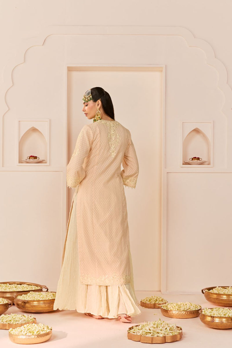 RUHANI - CARNATION PINK LONG KURTA WITH SKIRT AND DUPATTA chanderi silk kurta/kurta set by SHEETAL BATRA in carnation pink with daisy ivory for women in Singapore