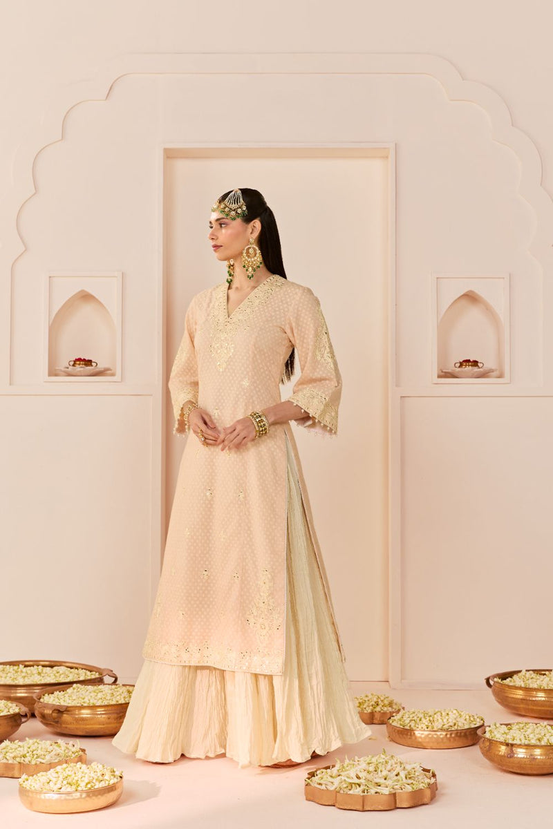 RUHANI - CARNATION PINK LONG KURTA WITH SKIRT AND DUPATTA chanderi silk kurta/kurta set by SHEETAL BATRA in carnation pink with daisy ivory for women in Singapore