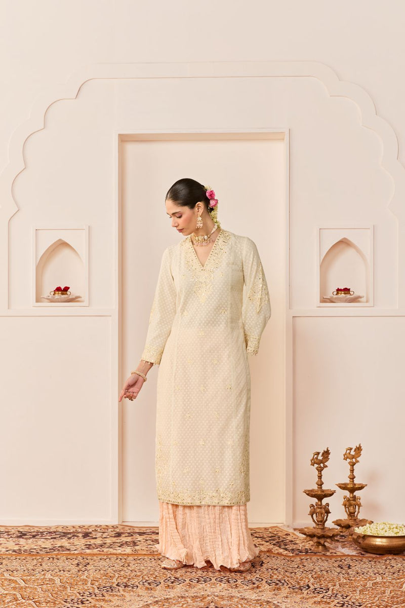 RUHANI - DAISY IVORY LONG KURTA WITH SKIRT AND DUPATTA chanderi silk kurta/kurta set by SHEETAL BATRA in daisy ivory with carnation pink for women in Singapore