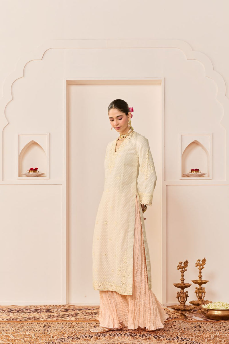 RUHANI - DAISY IVORY LONG KURTA WITH SKIRT AND DUPATTA chanderi silk kurta/kurta set by SHEETAL BATRA in daisy ivory with carnation pink for women in Singapore