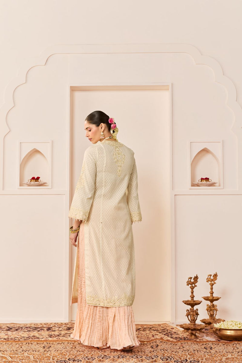 RUHANI - DAISY IVORY LONG KURTA WITH SKIRT AND DUPATTA chanderi silk kurta/kurta set by SHEETAL BATRA in daisy ivory with carnation pink for women in Singapore