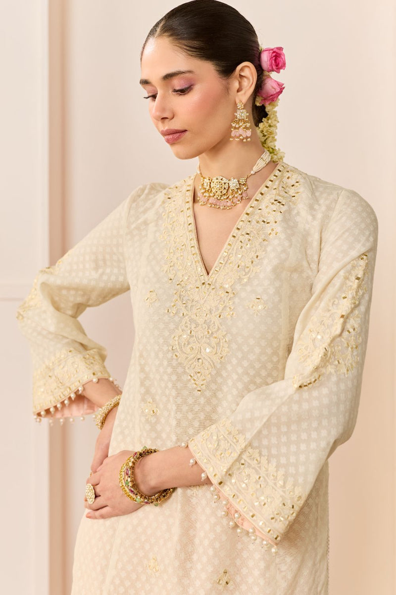 RUHANI - DAISY IVORY LONG KURTA WITH SKIRT AND DUPATTA chanderi silk kurta/kurta set by SHEETAL BATRA in daisy ivory with carnation pink for women in Singapore