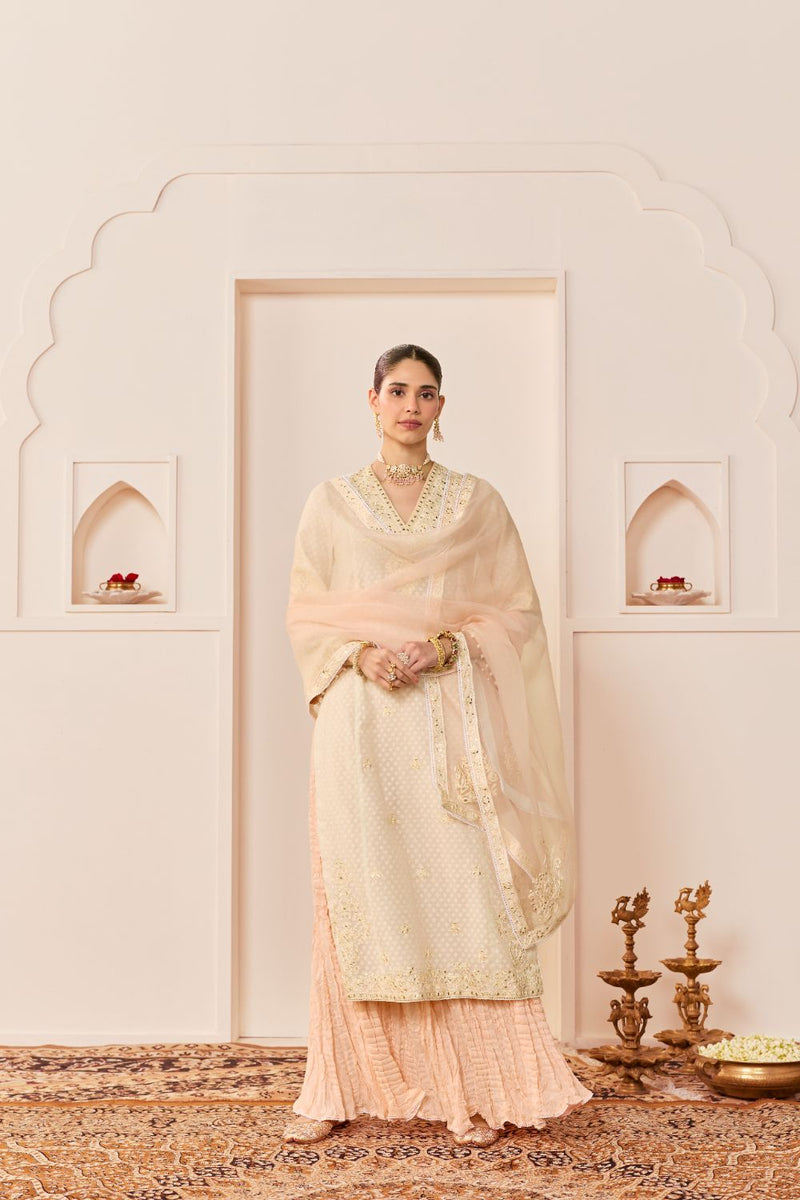 RUHANI - DAISY IVORY LONG KURTA WITH SKIRT AND DUPATTA chanderi silk kurta/kurta set by SHEETAL BATRA in daisy ivory with carnation pink for women in Singapore