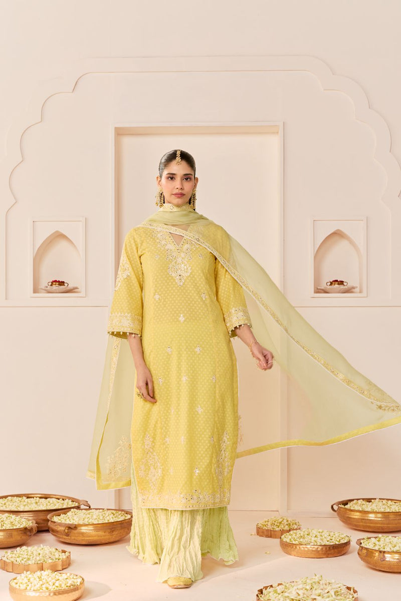 RUHANI - LEMON YELLOW LONG KURTA WITH SKIRT AND DUPATTA chanderi silk kurta/kurta set by SHEETAL BATRA in lemon yellow with mint green for women in Singapore