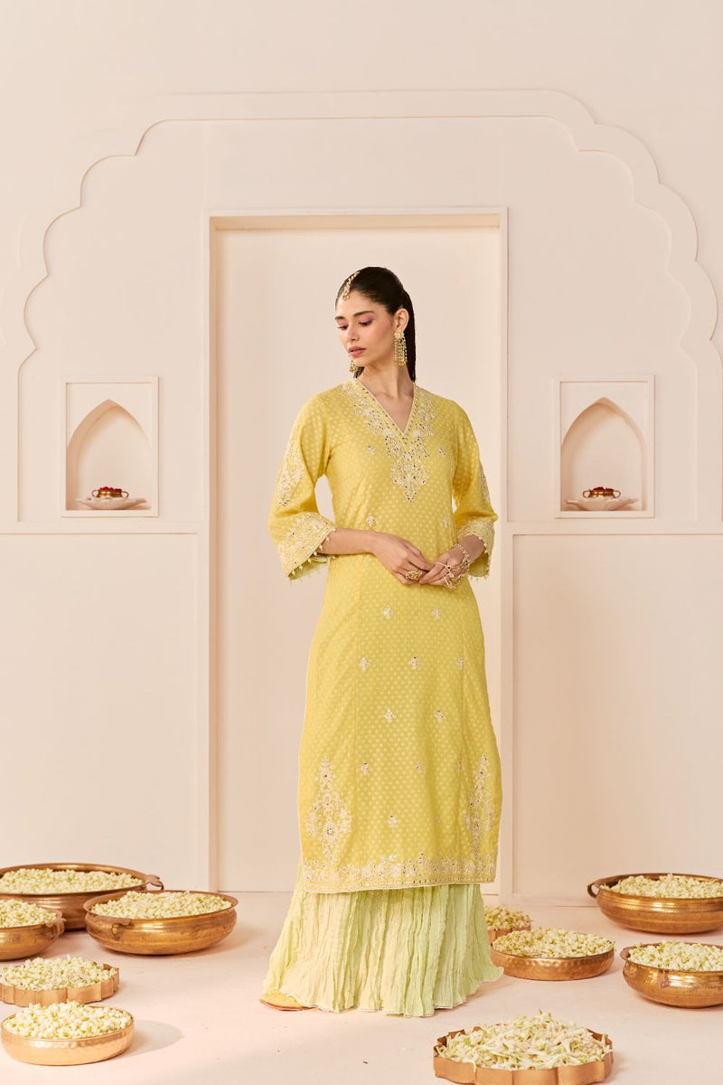 RUHANI - LEMON YELLOW LONG KURTA WITH SKIRT AND DUPATTA chanderi silk kurta/kurta set by SHEETAL BATRA in lemon yellow with mint green for women in Singapore