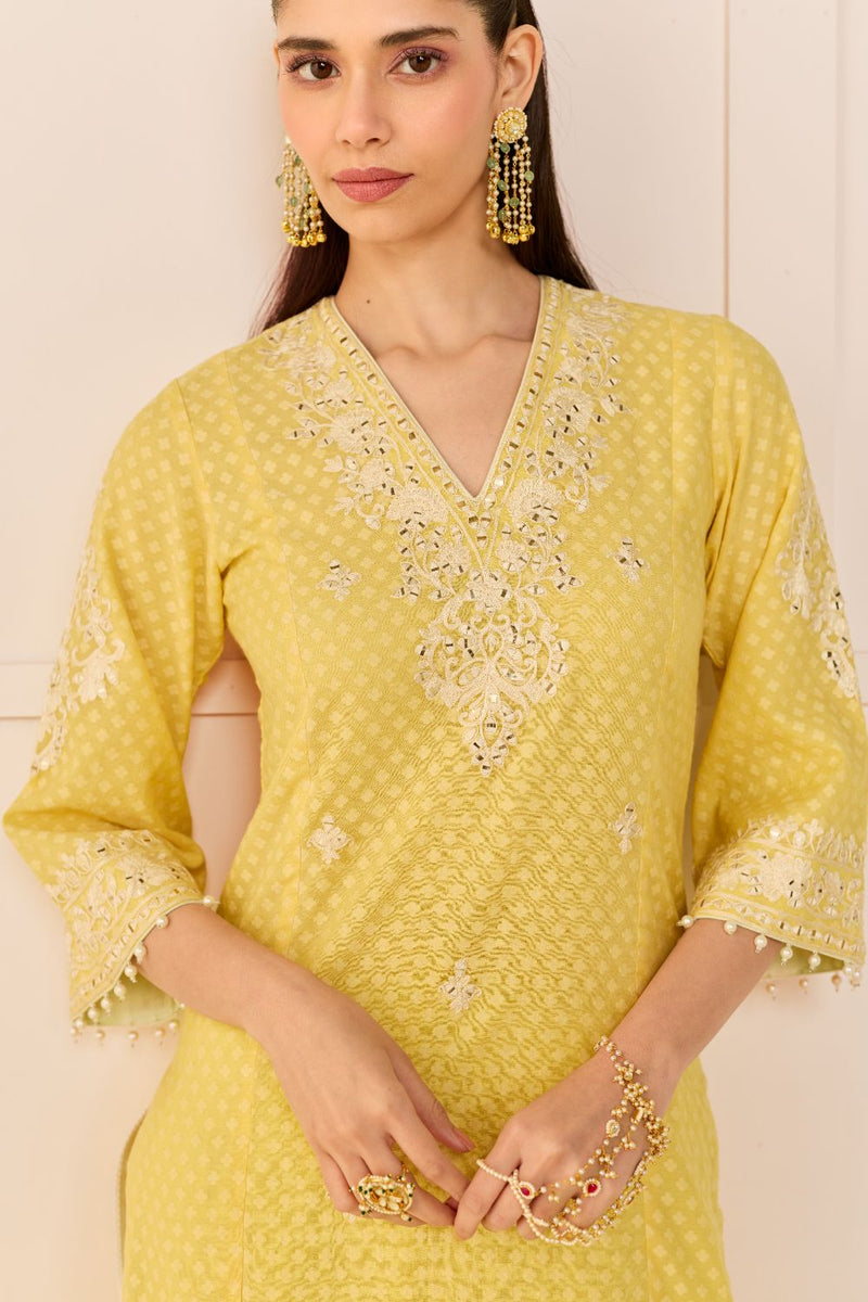RUHANI - LEMON YELLOW LONG KURTA WITH SKIRT AND DUPATTA chanderi silk kurta/kurta set by SHEETAL BATRA in lemon yellow with mint green for women in Singapore