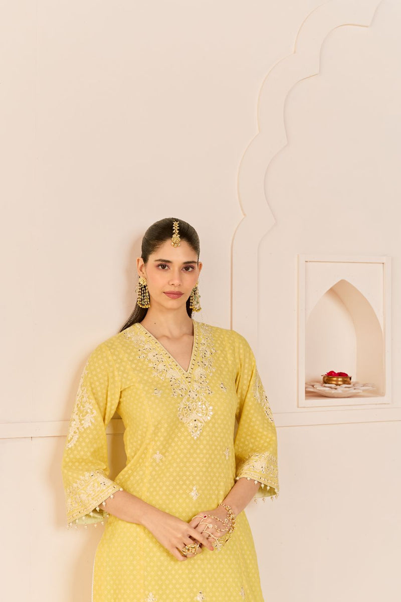 RUHANI - LEMON YELLOW LONG KURTA WITH SKIRT AND DUPATTA chanderi silk kurta/kurta set by SHEETAL BATRA in lemon yellow with mint green for women in Singapore