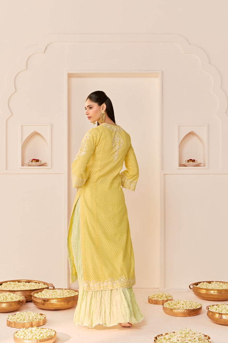 RUHANI - LEMON YELLOW LONG KURTA WITH SKIRT AND DUPATTA chanderi silk kurta/kurta set by SHEETAL BATRA in lemon yellow with mint green for women in Singapore