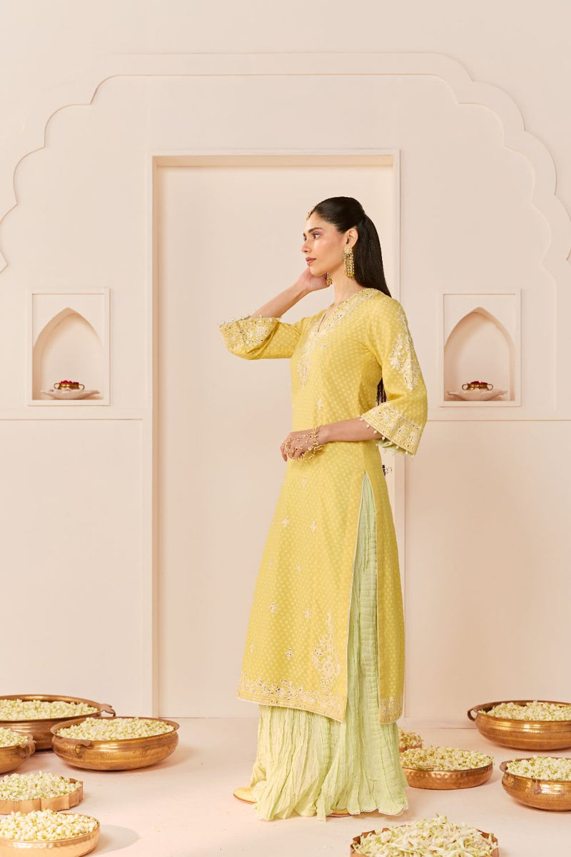 RUHANI - LEMON YELLOW LONG KURTA WITH SKIRT AND DUPATTA chanderi silk kurta/kurta set by SHEETAL BATRA in lemon yellow with mint green for women in Singapore