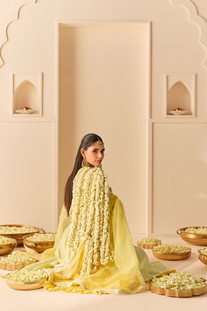 RUHANI - MINT GREEN LONG KURTA WITH SKIRT AND DUPATTA chanderi silk kurta/kurta set by SHEETAL BATRA in mint green with lemon yellow for women in Singapore