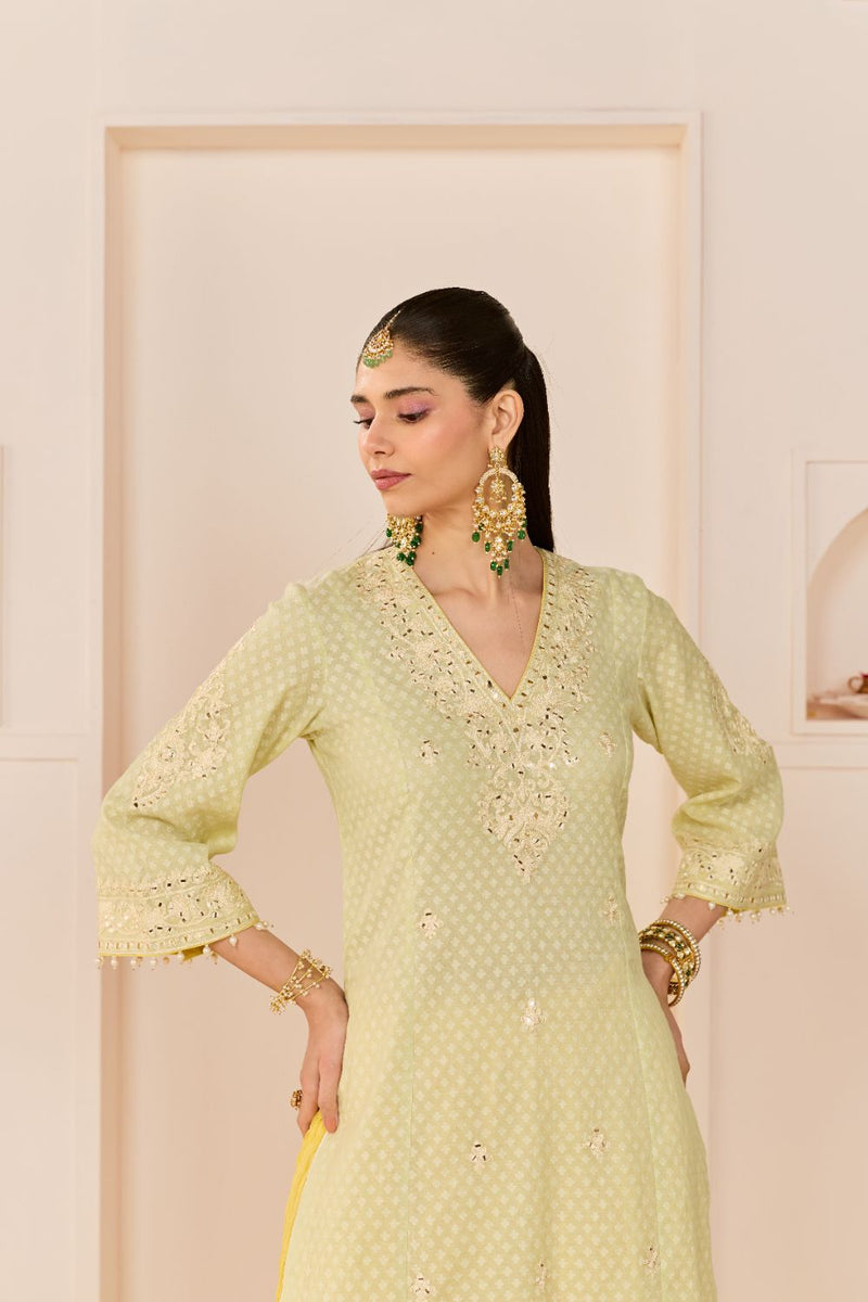 RUHANI - MINT GREEN LONG KURTA WITH SKIRT AND DUPATTA chanderi silk kurta/kurta set by SHEETAL BATRA in mint green with lemon yellow for women in Singapore