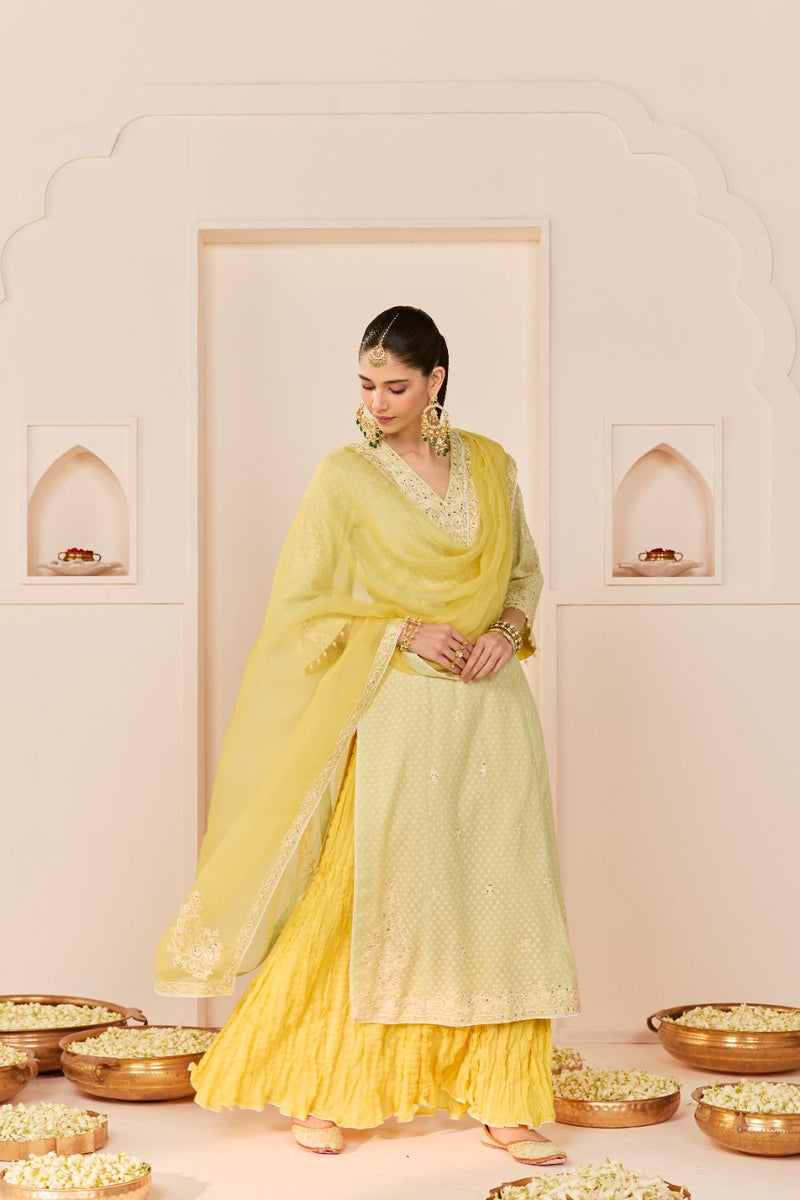 RUHANI - MINT GREEN LONG KURTA WITH SKIRT AND DUPATTA chanderi silk kurta/kurta set by SHEETAL BATRA in mint green with lemon yellow for women in Singapore