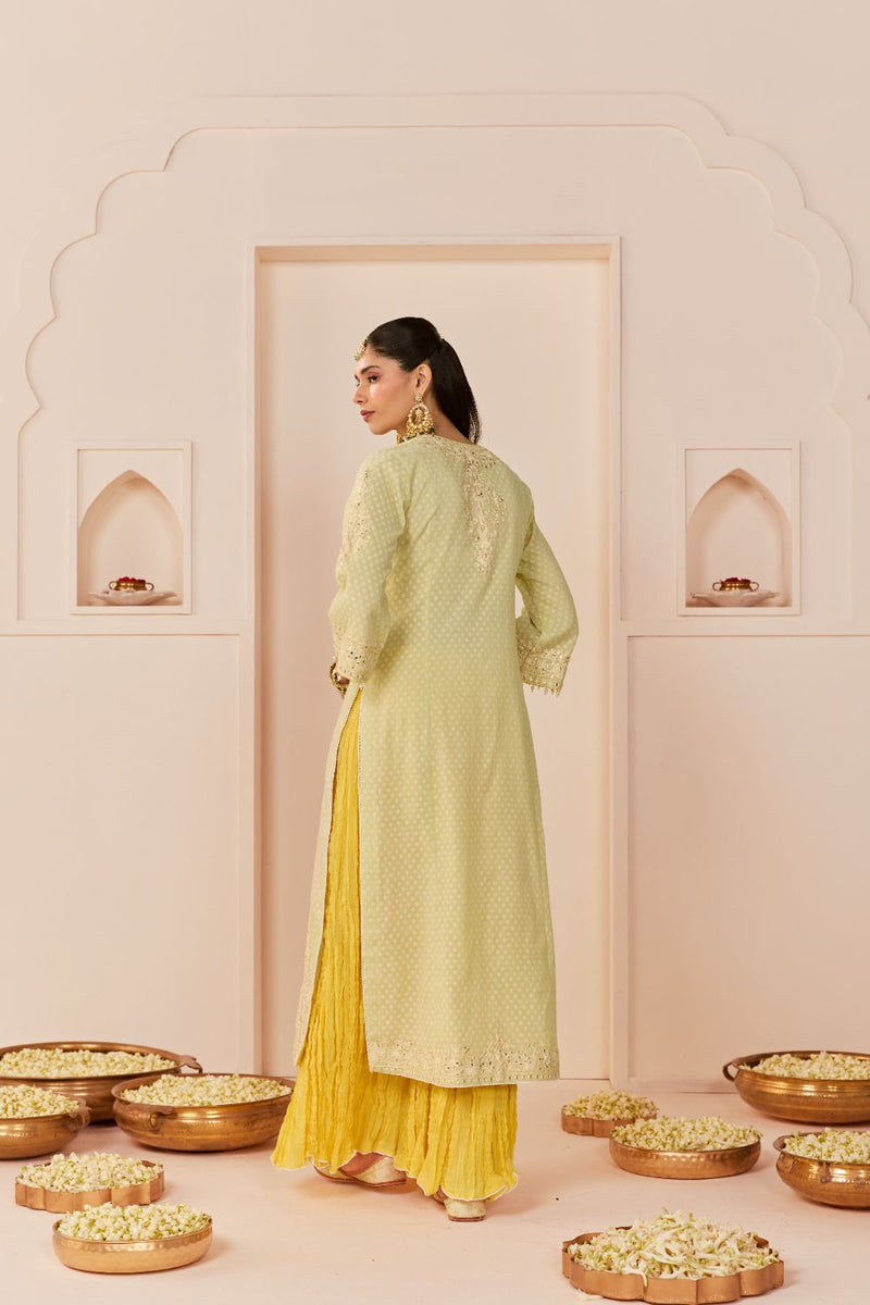 RUHANI - MINT GREEN LONG KURTA WITH SKIRT AND DUPATTA chanderi silk kurta/kurta set by SHEETAL BATRA in mint green with lemon yellow for women in Singapore