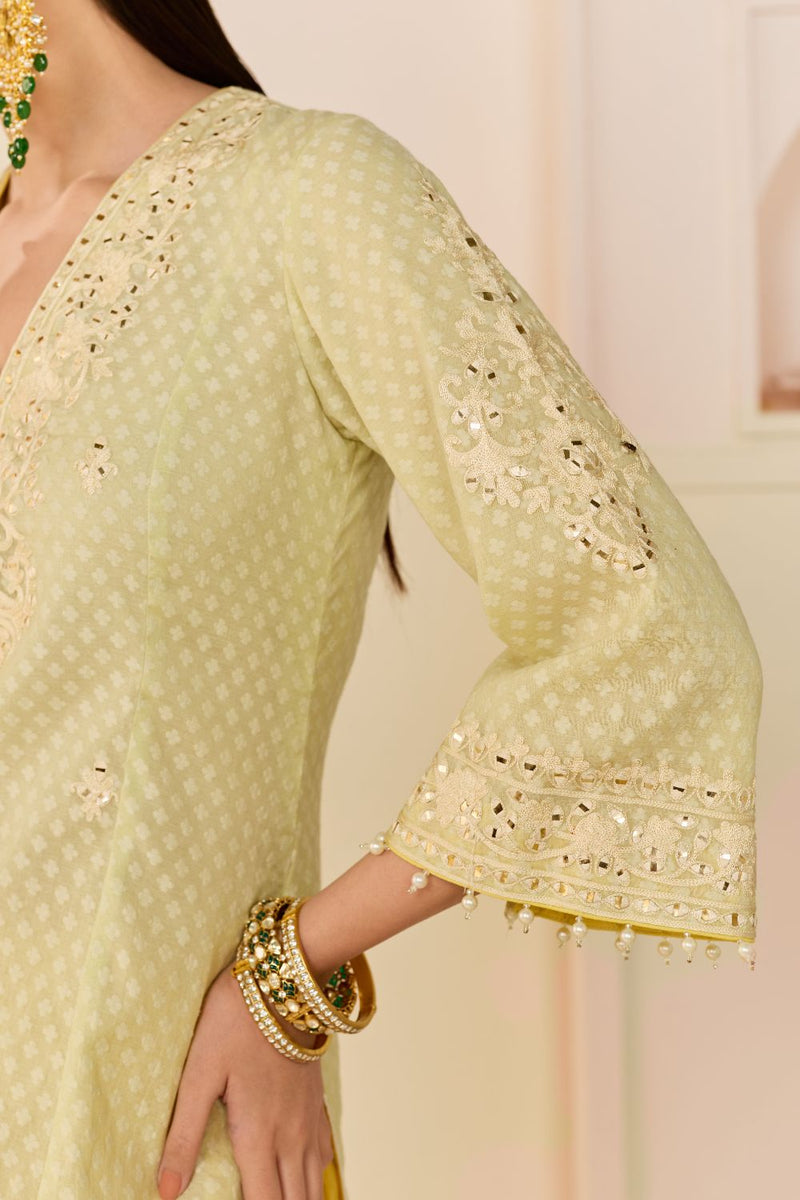 RUHANI - MINT GREEN LONG KURTA WITH SKIRT AND DUPATTA chanderi silk kurta/kurta set by SHEETAL BATRA in mint green with lemon yellow for women in Singapore