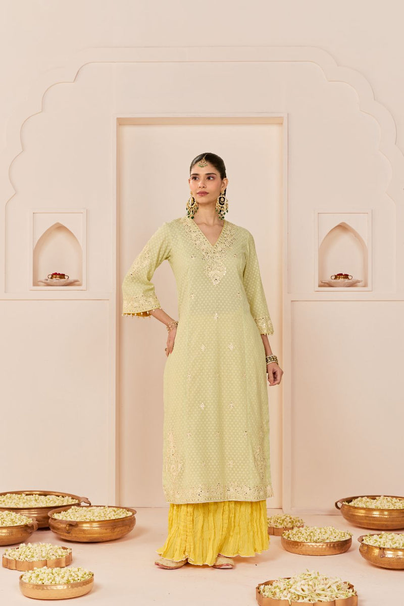 RUHANI - MINT GREEN LONG KURTA WITH SKIRT AND DUPATTA chanderi silk kurta/kurta set by SHEETAL BATRA in mint green with lemon yellow for women in Singapore