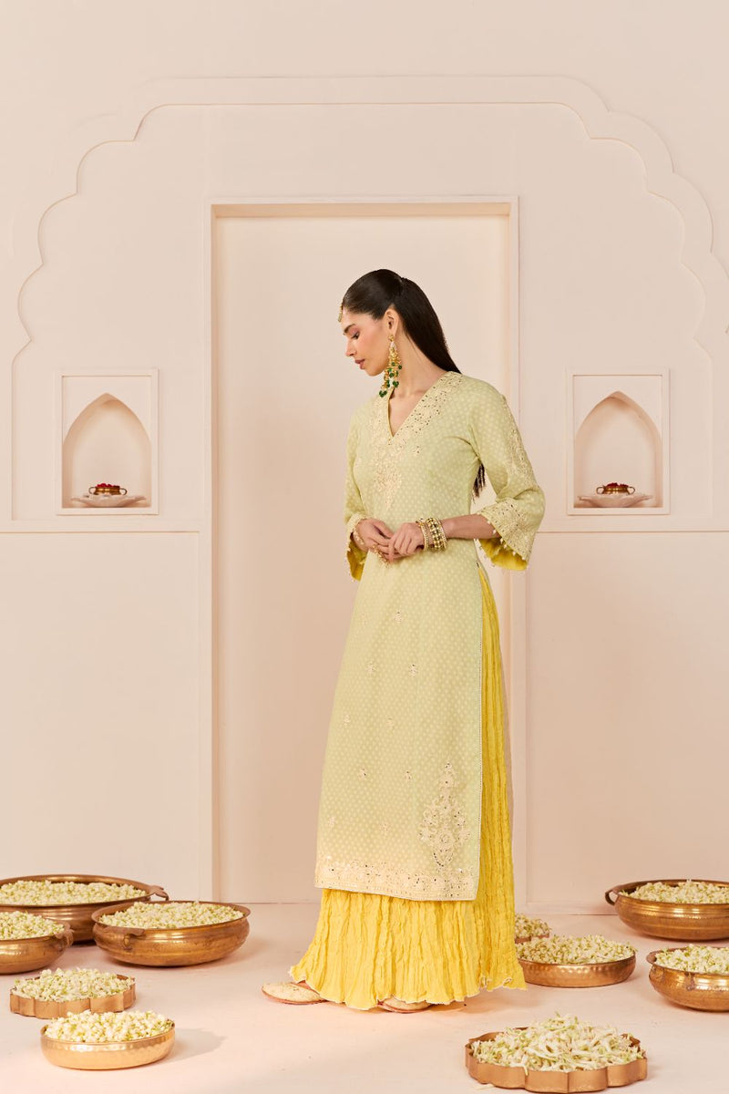 RUHANI - MINT GREEN LONG KURTA WITH SKIRT AND DUPATTA chanderi silk kurta/kurta set by SHEETAL BATRA in mint green with lemon yellow for women in Singapore