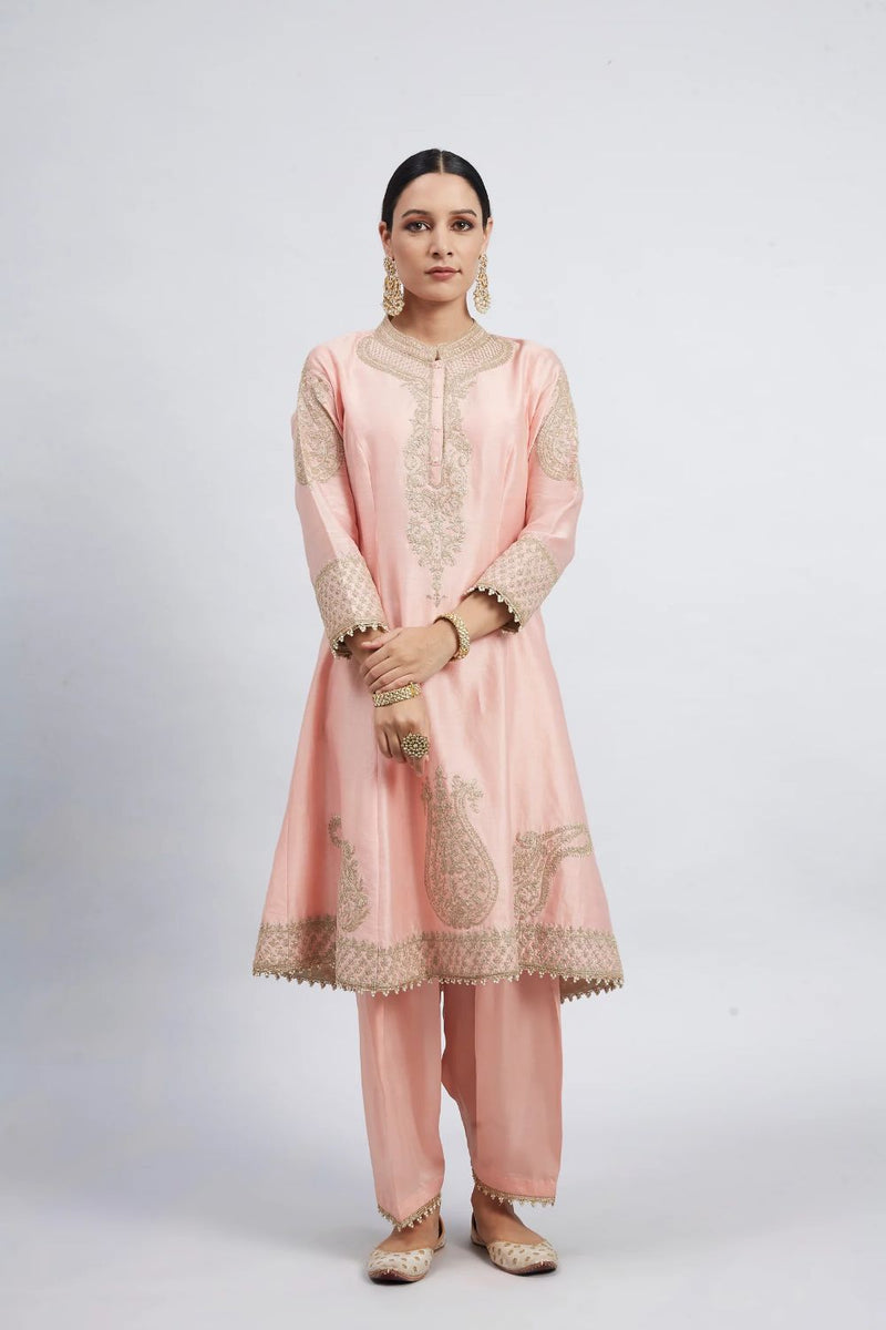 Rabhya A-line short kurta with salwar and dupatta-Carnation pink silk by SHEETAL BATRA in pink color for women in Singapore