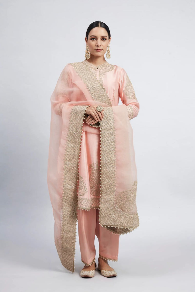 Rabhya A-line short kurta with salwar and dupatta-Carnation pink silk by SHEETAL BATRA in pink color for women in Singapore