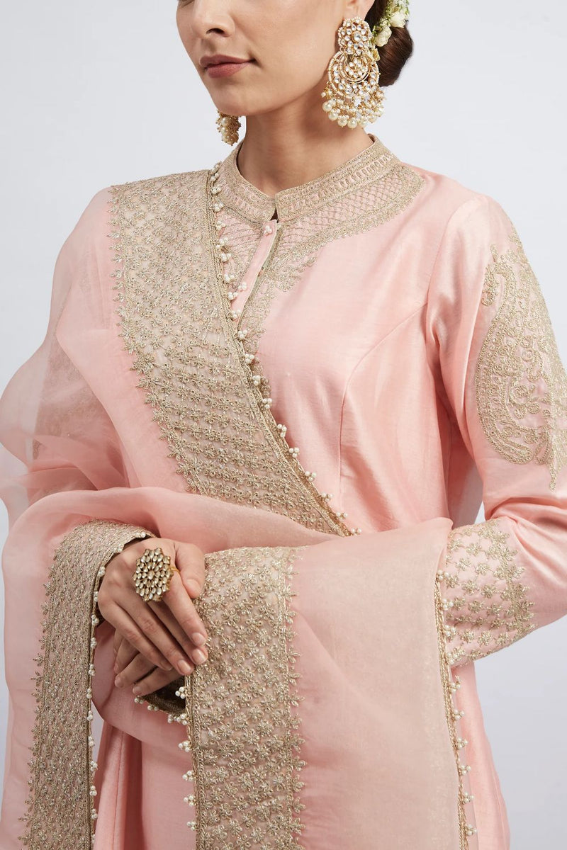 Rabhya A-line short kurta with salwar and dupatta-Carnation pink silk by SHEETAL BATRA in pink color for women in Singapore