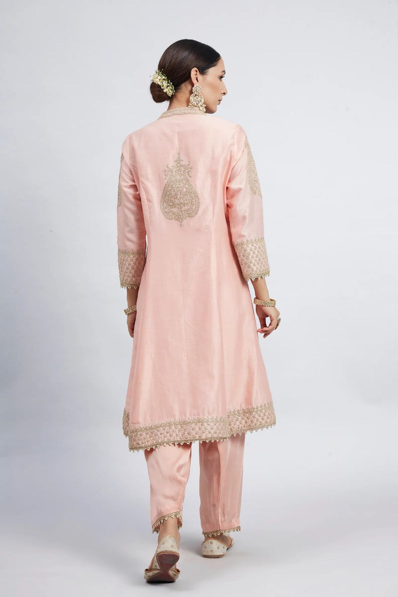 Rabhya A-line short kurta with salwar and dupatta-Carnation pink silk by SHEETAL BATRA in pink color for women in Singapore