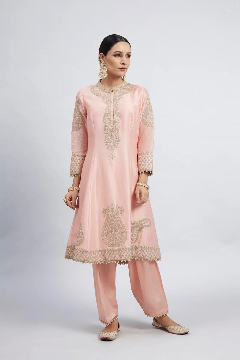 Rabhya A-line short kurta with salwar and dupatta-Carnation pink silk by SHEETAL BATRA in pink color for women in Singapore