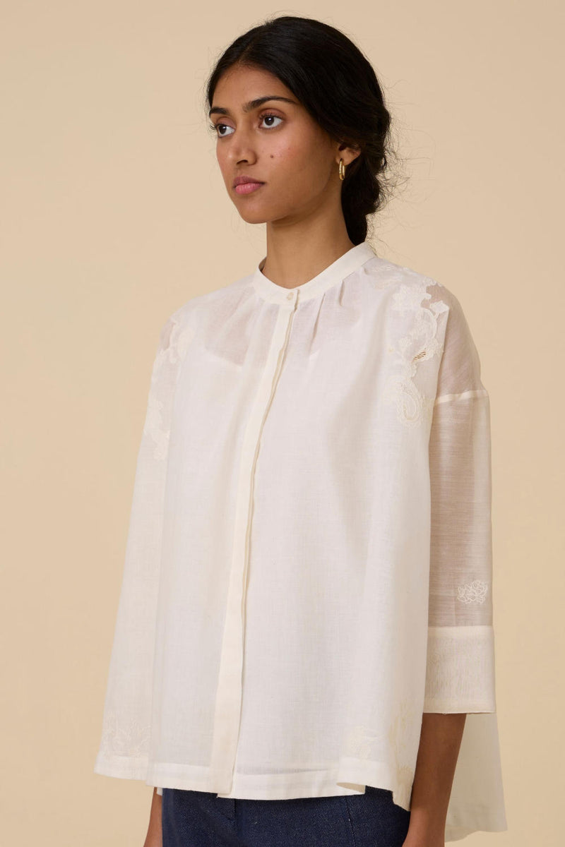 Raha Embroidered Handwoven Top chanderi by The Summer House in white color for women in Singapore